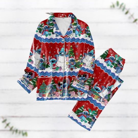 Disney Stitch Tree Christmas Pajamas Set, Ohana Means Family Pajamas, Lilo Stitch Holiday Pajamas, Disney Movie Xmas Pajamas For Party