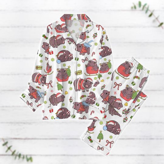 Baby Pygmy Hippo Moo Deng Christmas Pajama Set, Baby Hippo Xmas Pajamas, Family Pajamas, Funny Animal Pajamas, I Love Moo Deng Shirt