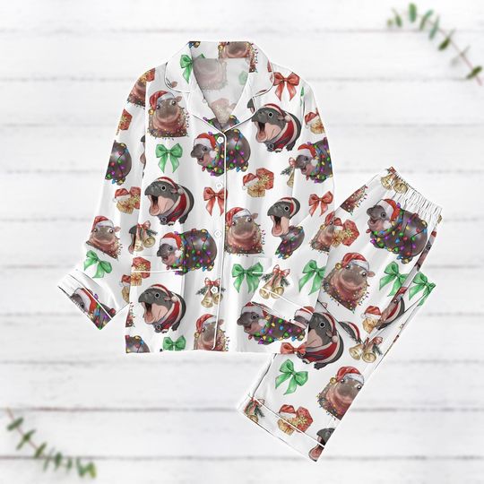 Cute Moo Deng Christmas Pajamas Set, Funny Hippo Santa Hat Xmas Pajamas, Hippo Lover Holiday Pajamas, Family Pajamas, Animal Owner Gift