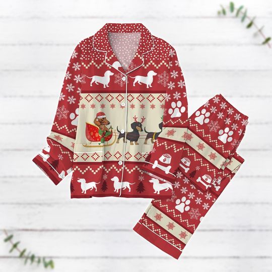 Dachshund Dog Christmas Pajamas Set, Dachshund Santa Hat Xmas Pajamas, Pets Lover Holiday Pajamas, Family Pajamas, Dog Owner Gifts