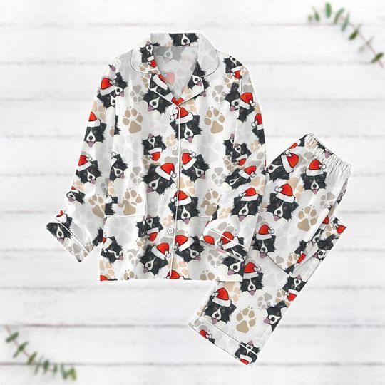 Border Collie Dog Christmas Pajamas Set, Border Collie Santa Hat Xmas Pajamas, Pet Lover Holiday Pajamas, Family Pajamas,Dog Owner Gift