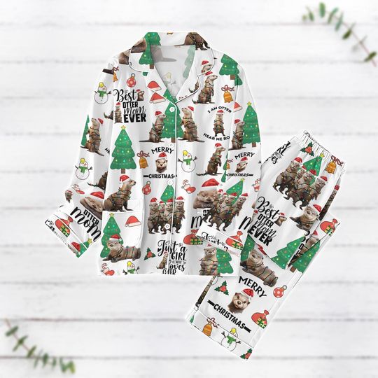 Cute Otter Christmas Pajamas Set, Funny Otter Santa Hat Xmas Pajamas, Pet Lover Holiday Pajamas, Family Pajamas, Animal Owner Gift