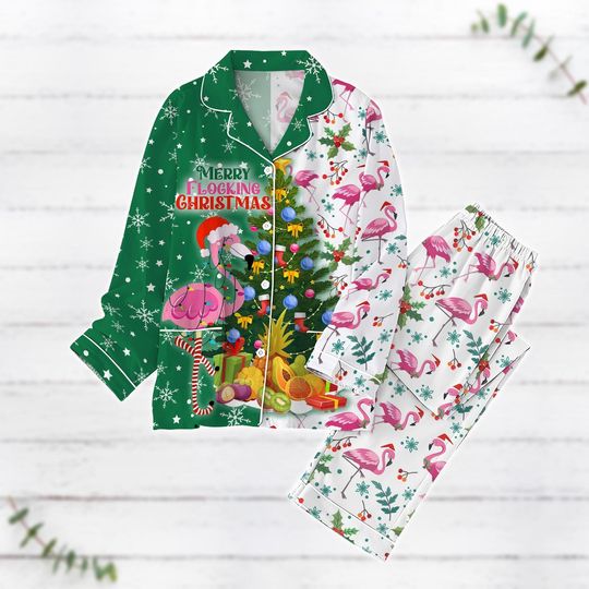 Cute Flamingo Christmas Pajamas Set, Funny Flamingo Santa Hat Xmas Pajamas, Merry I Flocking Christmas Holiday Pajamas, Family Pajamas