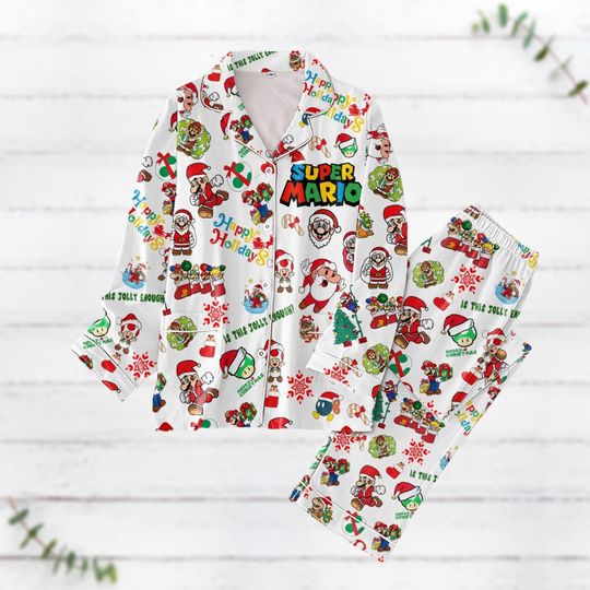 Christmas Super Mario Pajamas Set, Mario Bros Pajamas Pants, Mario Toad Luigi Yoshi Princess Peach Holiday Pajamas, Game Pajamas Family