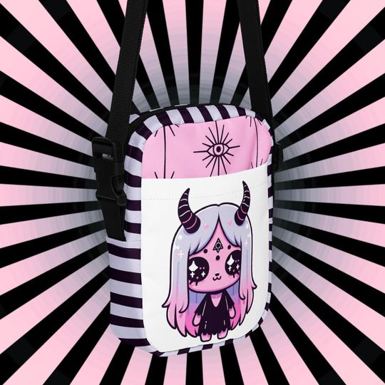 Creepy Cute Demon Girl Crossbody Bag Pastel Goth Grunge Evil Eye Pattern Back Should Sling Bag