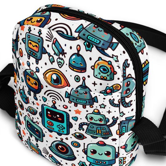 White Robot Design Crossbody Bag, White Night Out Bag, Festival Crossbody, Robot Bag, Robot Lover Gift, Kids and Teens Gift