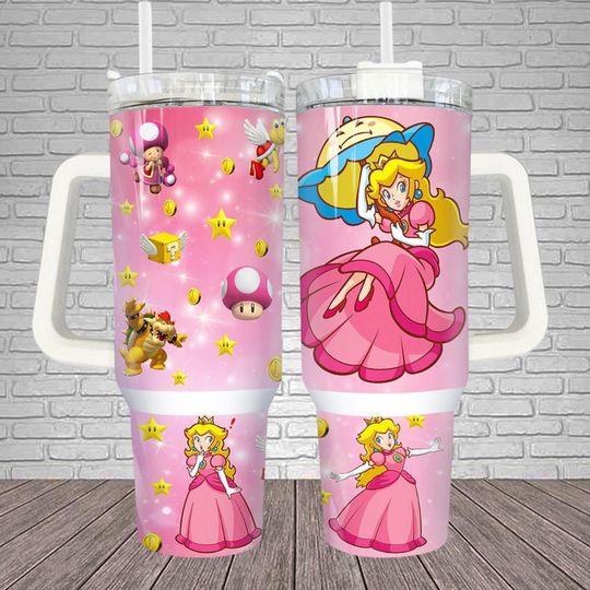 Princess Peach Tumbler 40oz, Super Mario Tumbler Cup, Mario Birthday Coffee Tumbler, Peach Mario Christmas Tumbler, Mario Family Gift
