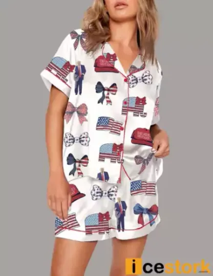 Women’s Trump Patriotic Coquette Bow Pajama Set Short Sleeve Top & Shorts