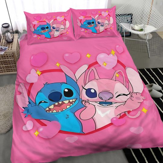 Disney Stitch and Angel Lovely Couple Bedding Set, Home Room Bedroom Disney Bedding Set, Gift for Fans, Funny Gift Idea