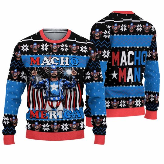 Macho Merica Ugly Christmas Sweater, Macho Man Randy Savage Sweatshirt, Funny WWF All Over Print Sweater, Vintage Xmas Gift