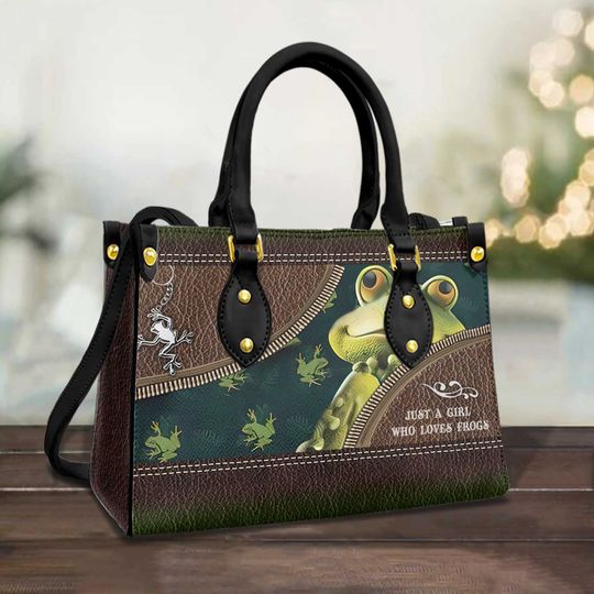 Vintage Girl Loves Frog Tote Bag Handbag, Frog Leather Bag