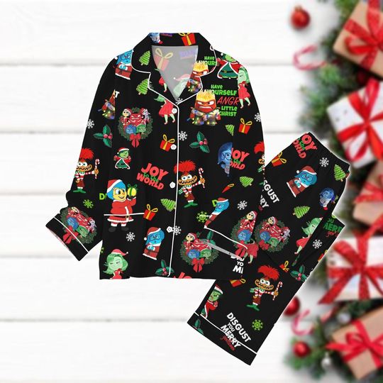 Inside Out 2 Christmas Pajamas Set, Pixar Emotional Holiday Pajamas, Disney Sadness Anger Anxiety Disgust Pajamas, Matching Pajamas Set