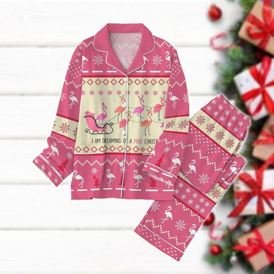 Christmas Flamingo Pajamas Set, I Am Dreaming of A Pink Christmas Pajamas, Cute Flamingo Holiday Pajamas, Matching Pajamas, Xmas Gift