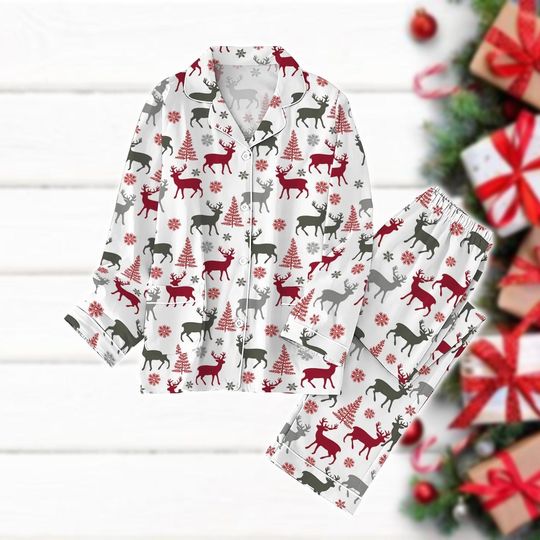 Christmas Reindeer Pajamas Set, Christmas Tree Holiday Pajamas, Reindeer Pajamas Pants, Pine Tree Pajamas For Party, Xmas 2024 Gift