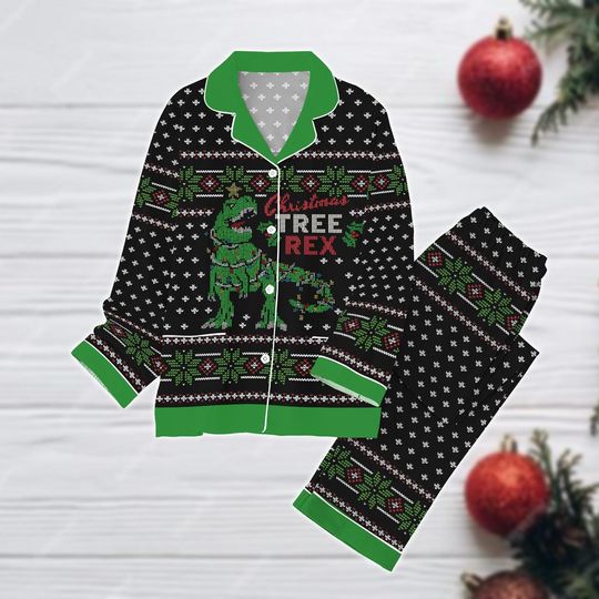 Christmas Tree Rex Pajamas Set, Dinosaur Holiday Pajamas, Matching Family Set Of Pajamas, Animal Lovers Pajamas, Xmas Holiday Gift