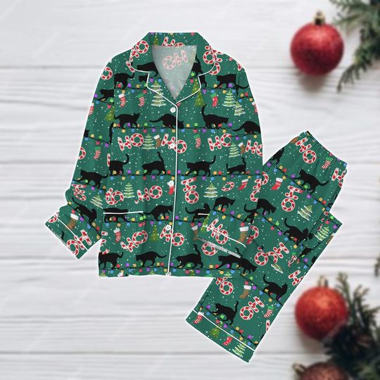 Black Cat Christmas Pajamas Set, Cute Cat Holiday Pajamas, Merry Bright Lights Pajamas, Christmas Tree Women Pajamas, Xmas Cat Gifts