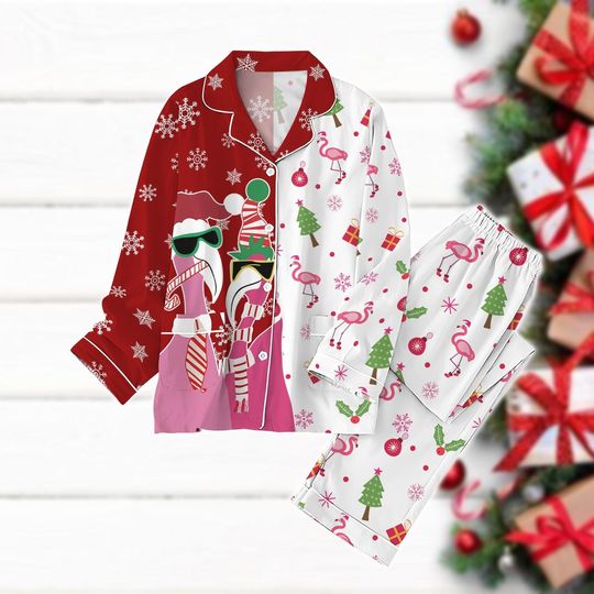 Candy Cane Flamingo Pajamas Set, Cute Pink Bird Holiday Pajamas, Funny Animal Xmas Pajamas, Matching Pajamas Set, Flamingo Lover Gift