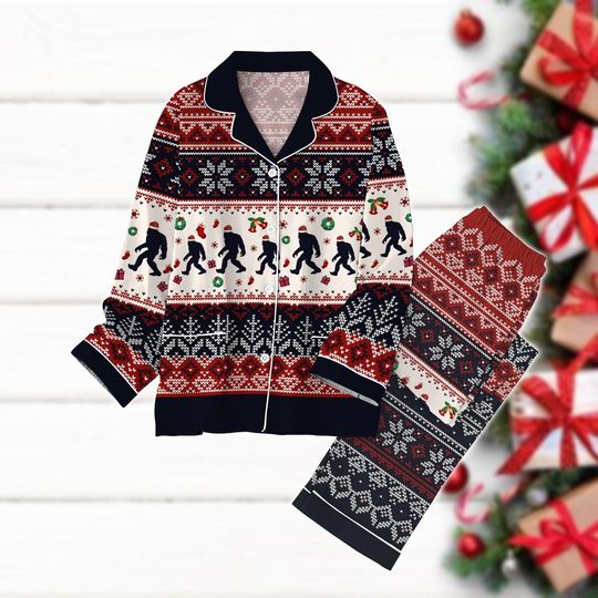 BigFoot Christmas Pajamas Set, Monster Sasquatch Holiday Pajamas, Santa Sasquatch Pajamas Pants, Hiking Shirt, Xmas Monster Gift