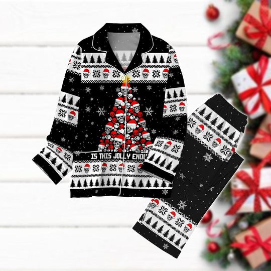 Christmas Skull Pajamas Set, Skulls Santa Xmas Holiday Pajamas, Skeleton Pajamas, Creepy Christmas Women Pajamas, Gothic Xmas Gift