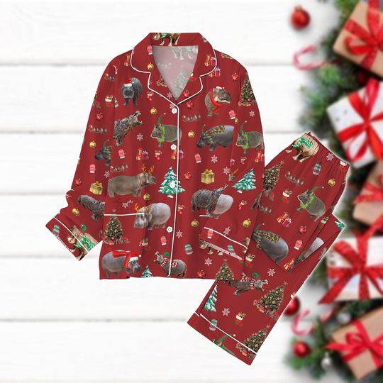 Christmas Baby Hippo Pajamas Set, Moo Deng Holiday Pajamas, Matching Family Set Of Pajamas, Trendy Animal Pjs, Cute Pet Xmas Gifts