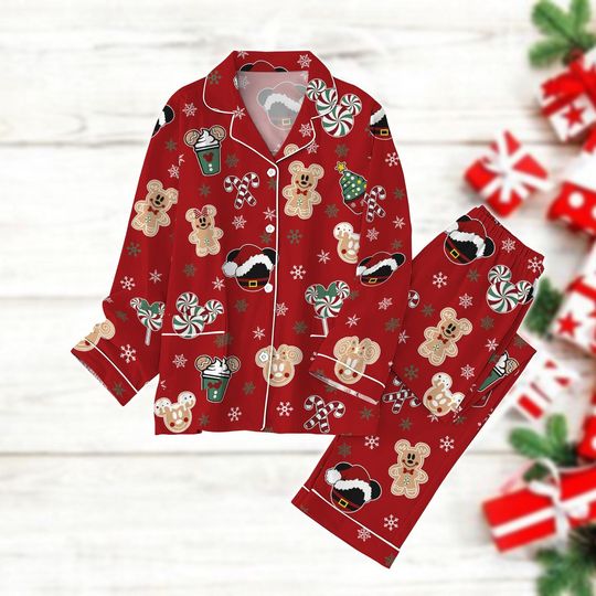 Mickey Santa Hat Pajamas Set, Christmas Gingerbread Holiday Pajamas, Candy Canes Xmas Midnight Shirt, Disney Party 2024 Gifts