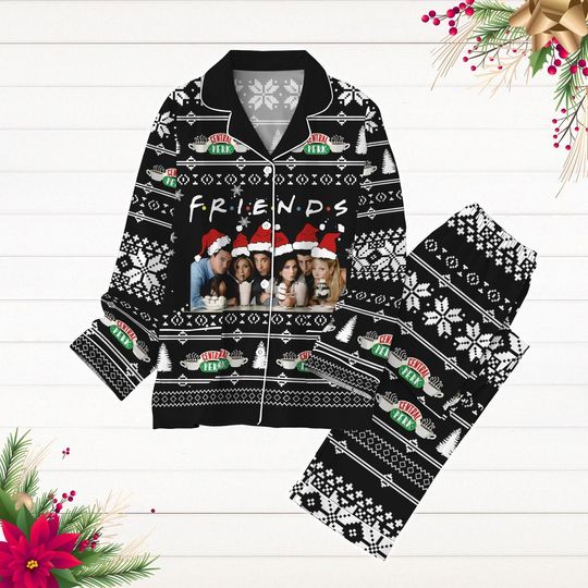 Christmas Friends Movie Pajamas Set, Central Perk Pajamas, TV Series Holiday Pajamas, Chandler Bing Xmas Pj Set Pants, Pjs For Party