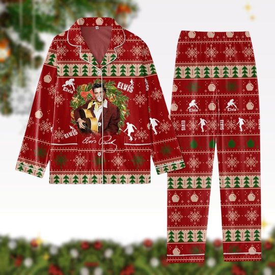 Elvis Presley Christmas Pajamas Set, Elvis Ill Have Blue Fleece Pj Set, Elvis Santa Hat Pajamas, Rock And Roll Music Pajamas Pants