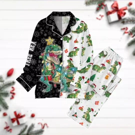 Christmas Dinosaur Light Pajamas Set, Tree Rex Shirt, T-Rex Holiday Pajamas