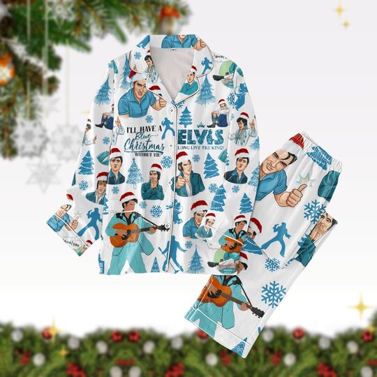 Elvis Presley Christmas Pajamas Set, Elvis Ill Have Blue Fleece Pj Set, Elvis Santa Hat Pajamas, Rock And Roll Music Pajamas Pants