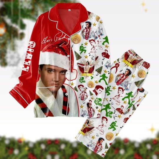 Elvis Presley Christmas Pajamas, King Of Rock N Roll Pajamas Pants, Elvis The King Santa Hat Pj Set, Music Concert Matching Family Pjs