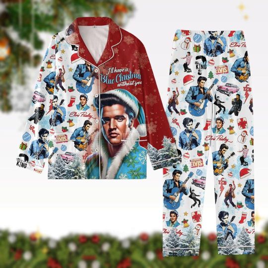 Elvis Presley Christmas Pajamas Set, Elvis Ill Have Blue Fleece Pj Set, Elvis Santa Hat Pajamas, Rock And Roll Music Pajamas Pants