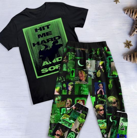Billie Eilish Pajamas Set, Hit Me Hard and Soft Pajamas Set, Billie Eilish Christmas Pajamas Set.