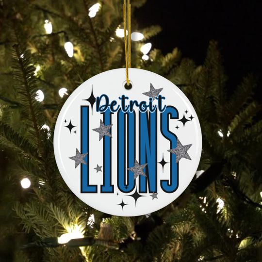 Detroit Lions Ceramic Ornament with Stars, football Fan Decor, Football Team Holiday Gift, Hanging Decoration, Lions Christmas Gift
