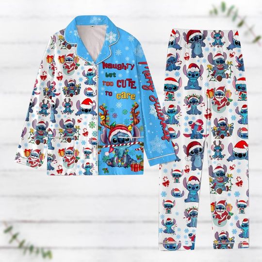 Christmas Stitch Pajamas Set, Stitch Naughty But Too Cute To Care Pajamas, Lilo And Stitch Holiday Pajamas, Disney Movie Family Pajamas