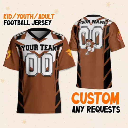 Personalize Mickey Football Jersey Brown Dark Black, Disney Fan Football Jersey