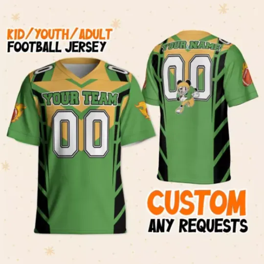 Personalize Mickey Football Jersey Green Yellow, Disney Fan Football Jersey