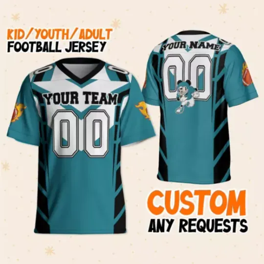 Personalize Mickey Football Jersey Cyan Black, Disney Fan Football Jersey