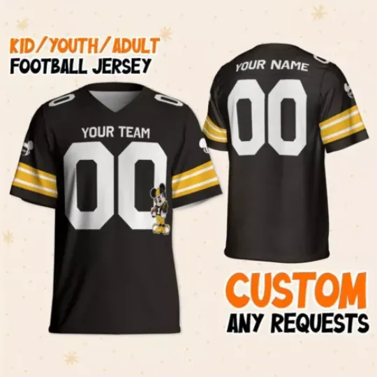 Custom Disney Mickey Super Star Black Steeler Football, Football Jersey Uniform