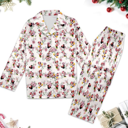 Cute Minnie Mouse Floral Pajamas, Minnie Mouse Pajamas Set Women, Cartoon Gift For Women, Magic Kingdom Family Trip Shirt
