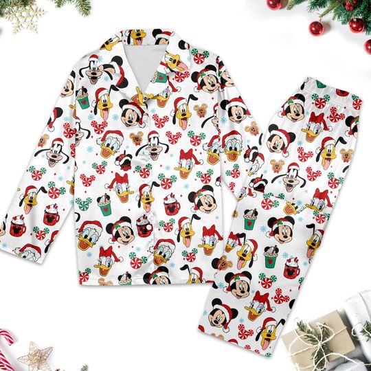 Mickey Mouse & Friends Christmas Pajamas, Mickey Mouse Santa Hat Pajama Set, Minnie Donald Goofy Xmas Pyjamas, Magic Kingdom Shirt