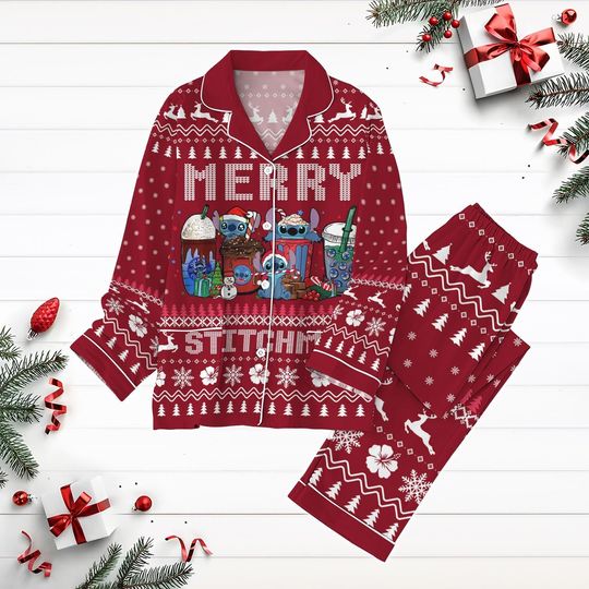 Merry Stitchmas Pajamas Set, Christmas Stitch Holiday Pajamas, Lilo And Stitch Pyjamas, Disney Pjs Christmas,Movie Cartoon Pj Set Pants