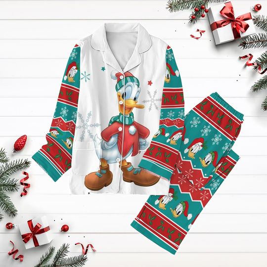 Donald Duck Christmas Pajamas Set, Disney Duck Holiday Pajamas, Long Sleeve Pyjamas, Cartoon Movie Pj Set Pants, Xmas Party Gift