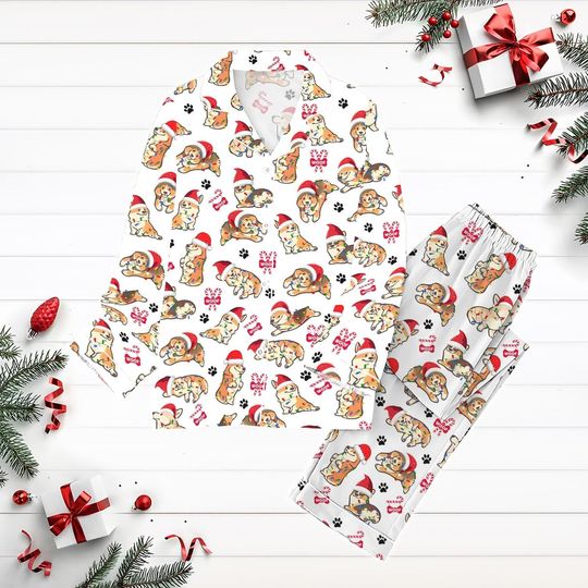 Christmas Corgi Dog Pajamas, Cute Pet Christmas Shirt, Long Sleeve Pyjamas, Santo Dog Holiday Pajamas, Christmas Lights Pj Set Pants
