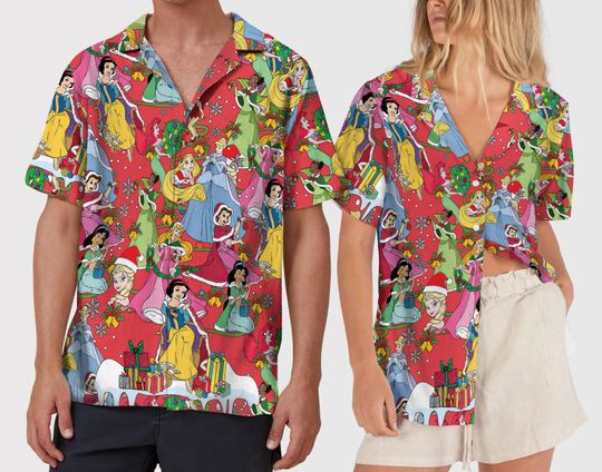 Princess Christmas Hawaiian Shirt Red Hawaiian Shirt, Hawaiian Shirts, Mickey's Very Mery Christmas Party Aloha Vacation Shirt