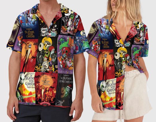 Nightmare Before Christmas Collection Hawaiian Shirt, 3D Jack Skellington Hawaiian Shirt, Spooky Jack and Sally Aloha Button Up Shirt