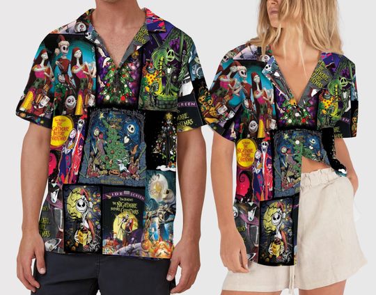 3D Nightmare Before Christmas Hawaiian Shirt, Retro Jack Skellington Hawaii Shirt, 3D Jack and Sally Aloha Shirt, Oogie Boogie Button Shirt