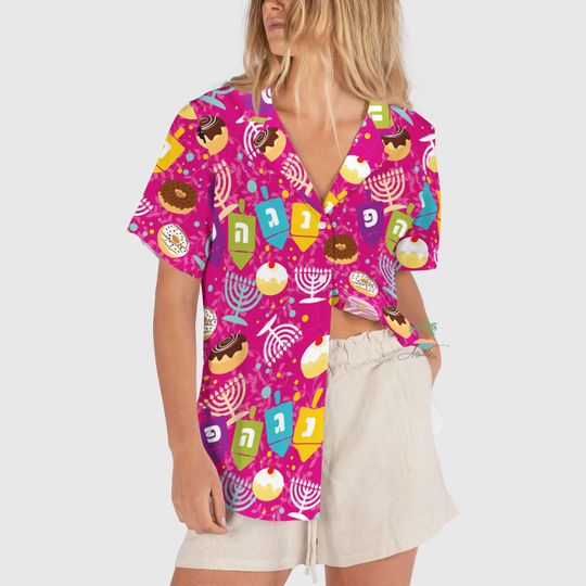 Pink Hanukkah Hawaiian Shirt, Happy Hanukkah Menorah Button Up Shirt, Jewish Gift, Chanukah Shirt, Jewish Religious Hawaii Shirt