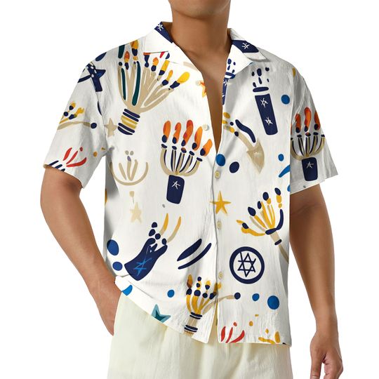 Happy Hanukkah Hawaiian Shirt, Aesthetic Girly Jewish Holiday Button Up Shirt, Menorah Hanukkah Gift, Chanukah Celebration Hawaii Shirt