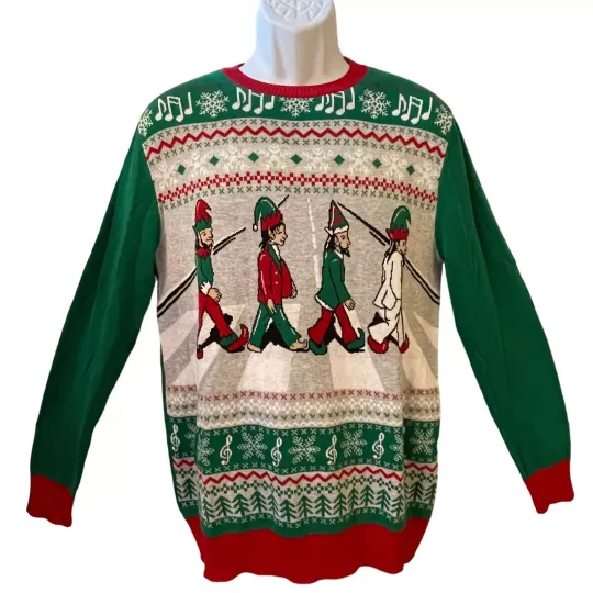 Ugly Christmas Sweater Beatles Elves on Abbey Road Crewneck Size Medium NWOT