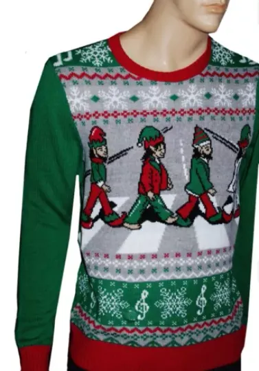 Mens The BEATLES Abbey Road Christmas Ugly Sweater Party Small Rock Band NEW